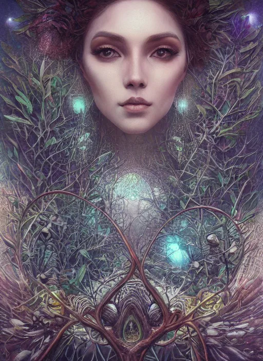 Image similar to natural city in the trees, intricate jewelry, trending on artstation 4 k, high quality, in the style of karol bak and tom bagshaw, tattoos