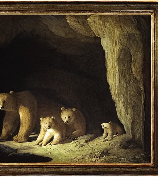 Image similar to viewer looking into dark cave and seeing a mother bear and her cubs sleeping, night time, artwork by Pieter Claesz, impressionism