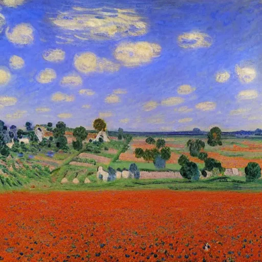 Image similar to A vast field of poppy flowers under a blue sky by Monet, village in distance