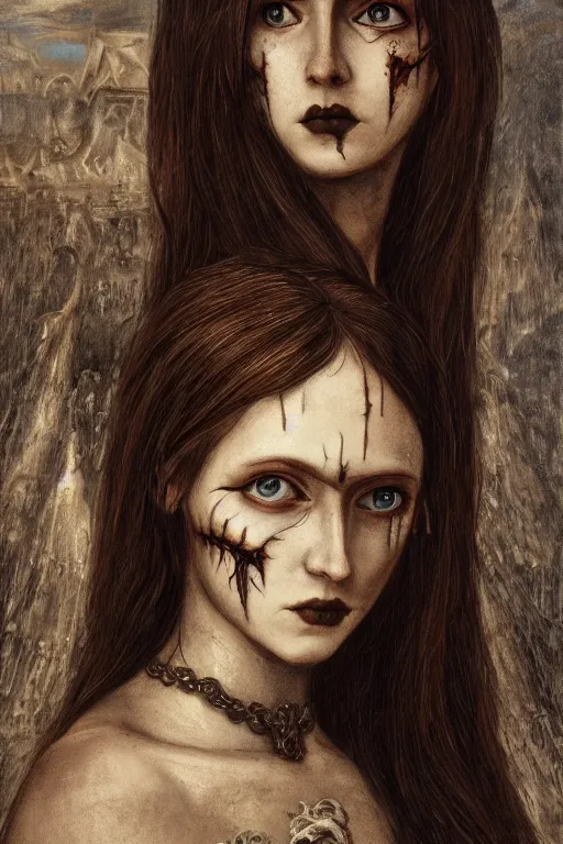 Prompt: portrait of beautiful young gothic maiden, warhammer, a lot of scars, the middle ages, highly detailed, artstation, illustration, art by max ernst, 8 k quality