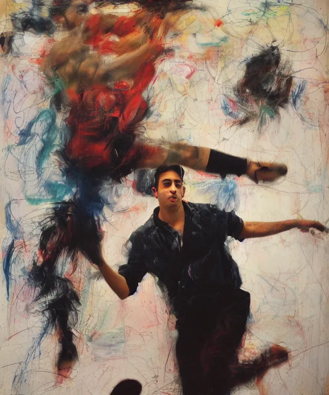 Image similar to a color photograph of persian young man dancing in his workplace, by nan goldin, painted over by jenny saville, out of place, intense, bold, exaggerated, over proportion, hyperrealistic, ultra sharp, extra details, ultra high quality,