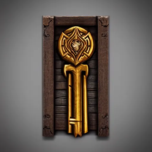 Image similar to a medieval wooden key for the doors, rpg game inventory item, Warcraft style, outer glow, solid background, trending on artstation