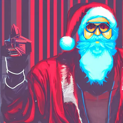 Image similar to cyberpunk santa clause as the leader of a futuristic communist nation, cybernetics, sharp lines, digital, artstation, colored in