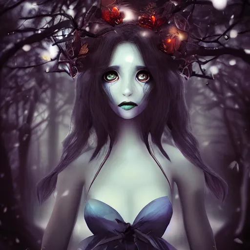Prompt: portrait of beautiful darkness witch 3D anime girl, dark forest background, snowing, inspired by Tim Burton, digital painting, unreal engine render, volumetric light, high détail