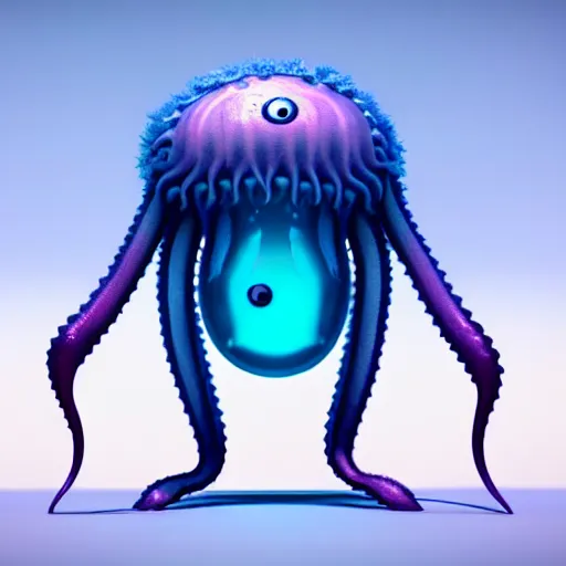 Image similar to a beautiful extreme wide uncropped full body photograph of a super cute jellyfish monster with huge sad eyes and sharp fangs in a wide open mouth, highly detailed, smooth, very very clean, 8 k, cinematic movie photograph, cinematic lighting, octane render, zbrush central contest winner, 3 d maya render