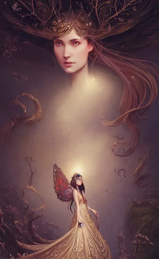 Prompt: highly detailed portrait of beautiful ethereal woman in ornate clothing, elegant birds flying, stephen bliss, unreal engine, fantasy art by greg rutkowski, loish, rhads, ferdinand knab, makoto shinkai and lois van baarle, ilya kuvshinov, rossdraws, tom bagshaw, global illumination, radiant light, detailed and intricate environment