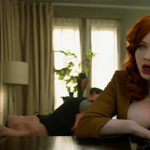 Image similar to amazing beautiful Christina Hendricks with mouth wide open in the living room, film still from the movie directed by Denis Villeneuve , wide lens