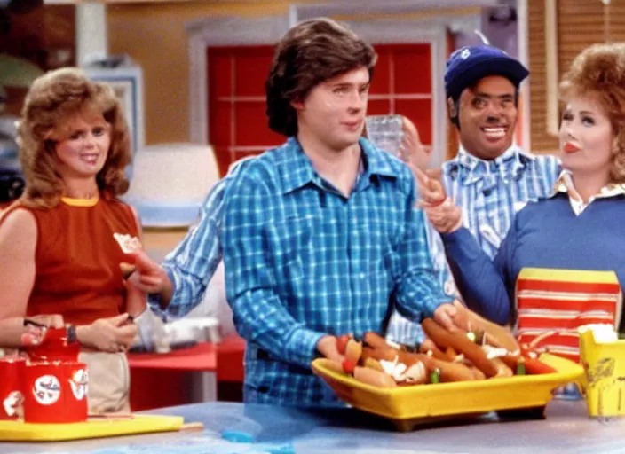 Prompt: a 1 9 8 0 s tv still of a sitcom about a hot dog salesman, retro