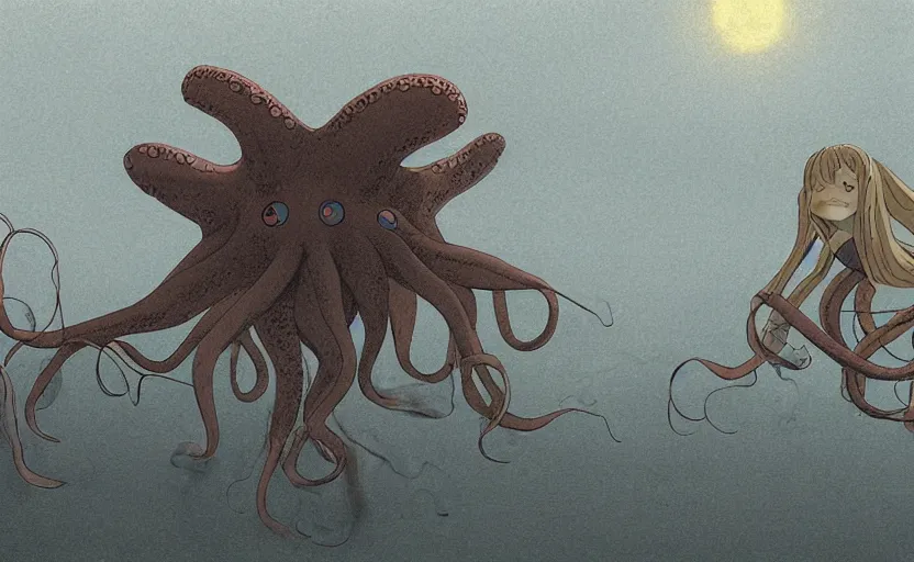 Image similar to a realistic cell - shaded studio ghibli concept art from paprika ( 2 0 0 6 ) of a flying multi - colored octopus from close encounters of the third kind ( 1 9 7 7 ) and a grey long - haired witch in a flooded stonehenge on a misty starry night. very dull colors, wide shot, hd, 4 k, hq