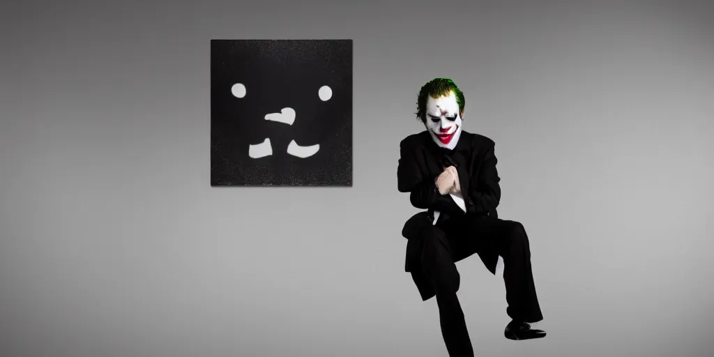 Image similar to joker wearing a suit style, photograph, grinning, creepy,