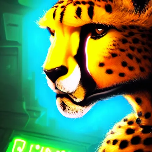 Image similar to a beautiful commission portrait of a male anthro cheetah wearing a neon jacket,futuristic,detailed face,mohawk,cyberpunk city,deviantart,artstation,art by greg rutkowski,ross tran,professional lighting,neon city,night,raytracing,highly realistic,4k,dramatic,hyperrealism