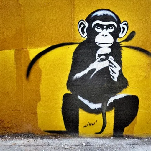 Image similar to monkey eats a banana, graffiti, photograph, made by banksy, yellow and brown colors, spray brush, midday, sunny, professional