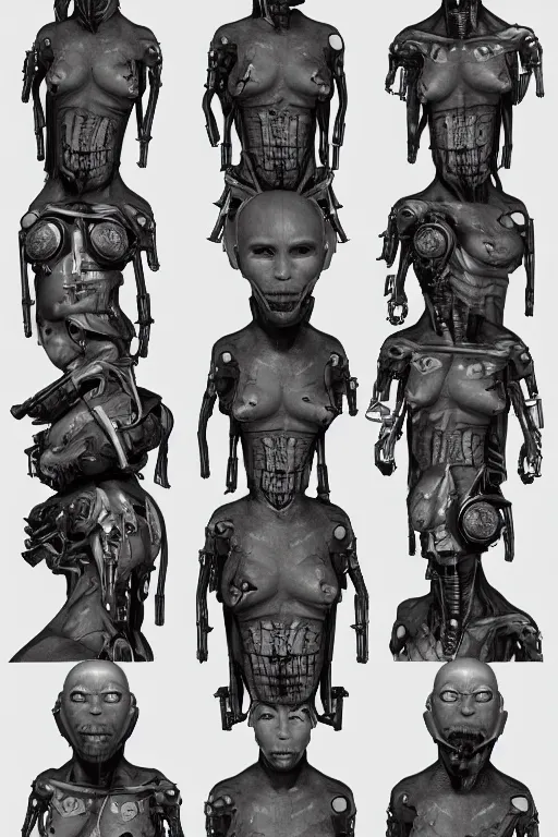 Image similar to cyborg cyclopes with gunmetal grey skin, medical anatomy, cyberpunk face, highly detailed, japanese, mecha asthetic, mechanical implants, three - view reference sheet ( front / back / side ), in the style of dan ouellette, dren from splice, hr giger, sil from species, artstation, unreal engine