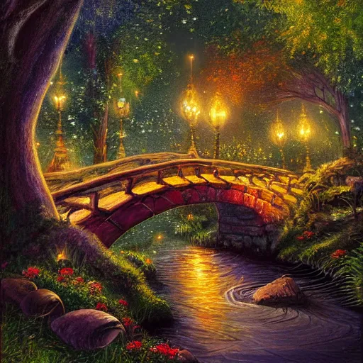 Image similar to painting, high detail, woodland village, in the night, fantasy, crescent moon, stone paths, bridge, water stream, luminous, toadstools, fireflies, fantasy,, flowers, lanterns, mist, highly detailed painting, fine lines, 8 k realistic, sharp focus
