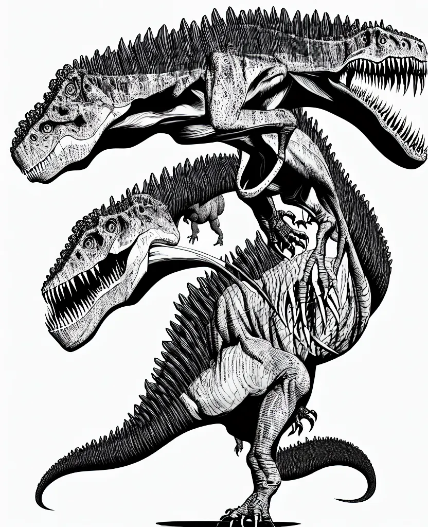 Image similar to tyrannosaurus rex walking around, symmetrical, accurate, simple clean black lines, black and white, white background and fill, coloring book, comic book, graphic art, line art, vector art, artstation