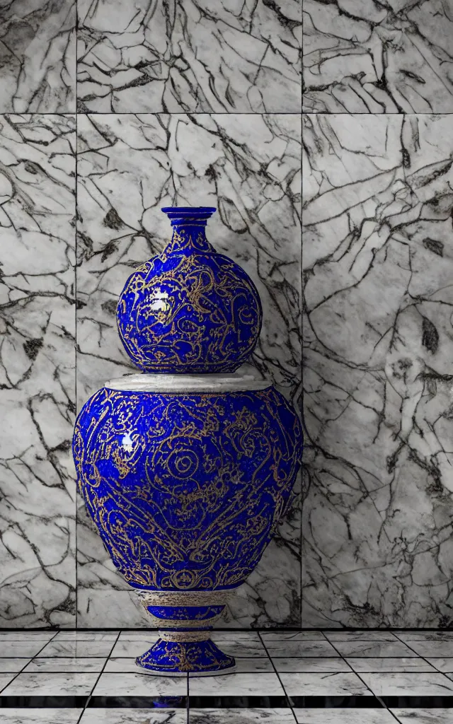 Image similar to An ornate baroque vase breaking on the marble tile floor, exploding into dust, dark-blue light-blue gold silver white black beige, volumetric dust rays, intricate detail, ultra realistic, cinematic lighting, moody, wet, shiny