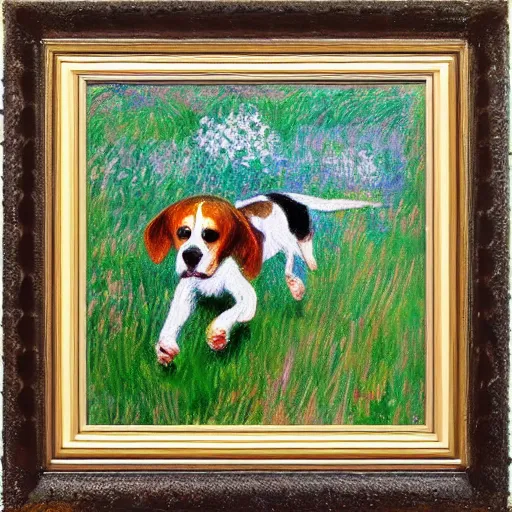 Prompt: impressionist art of a beagle dog running in the field in style of claude monet