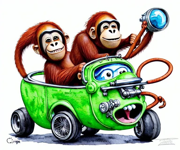 Image similar to cute and funny, orangutan wearing a helmet riding in a tiny hot rod with oversized engine, ratfink style by ed roth, centered award winning watercolor pen illustration, isometric illustration by chihiro iwasaki, edited by range murata, tiny details by artgerm, symmetrically isometrically centered