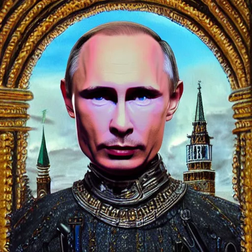 Image similar to vlad putin became stupid imbecile retard degenerate photo - realistic, color image, hyper realistic, 2 k, highly detailed, occult art, by giger, fractal structure