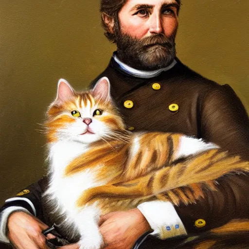 Prompt: oil painting of a civil war soldier holding a long - haired brown and white tabby cat