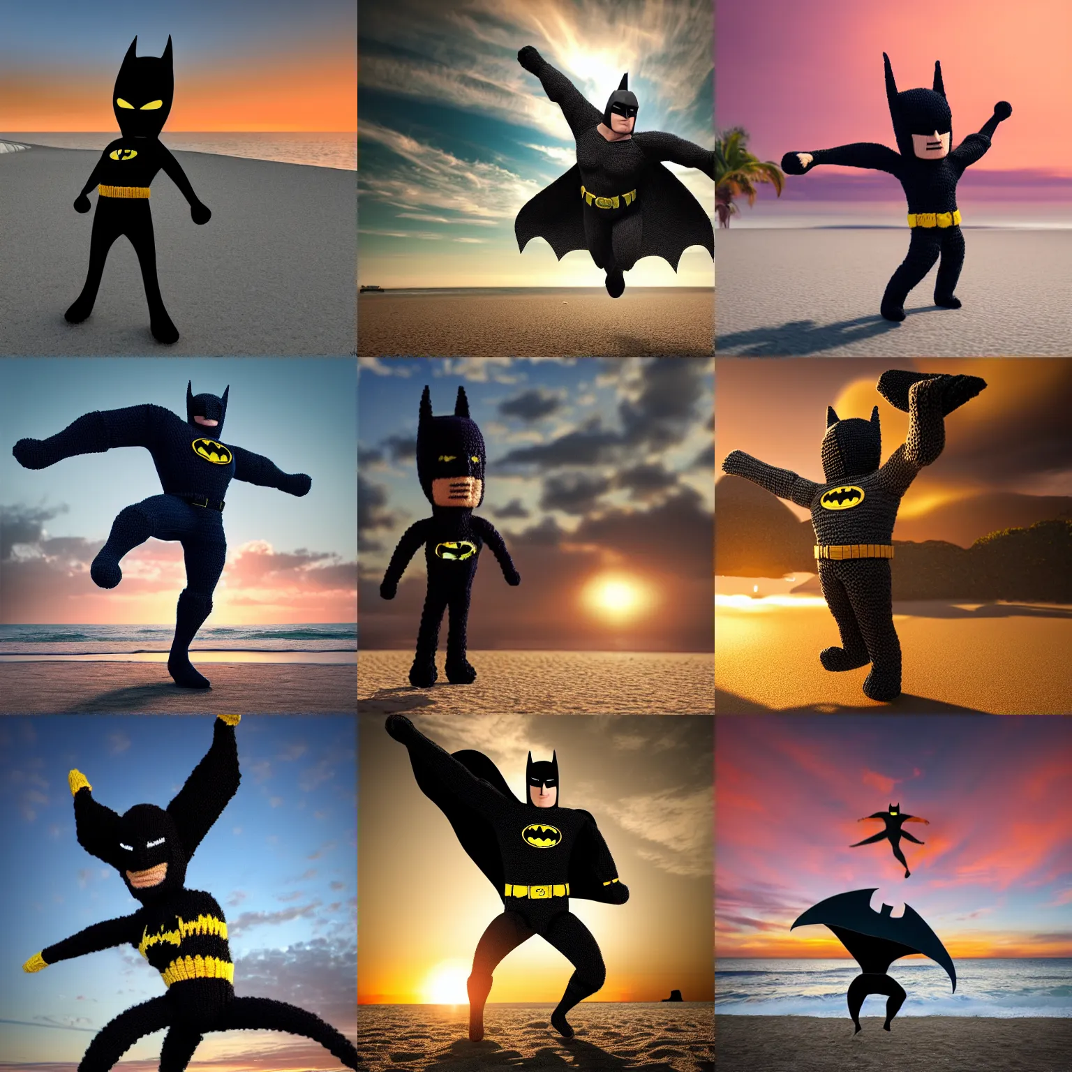 Prompt: a large knitted batman performing a cartwheel during sunset at the beach Trending on artstation, featured on Behance, well-rendered, Unreal Engine, 4K HD