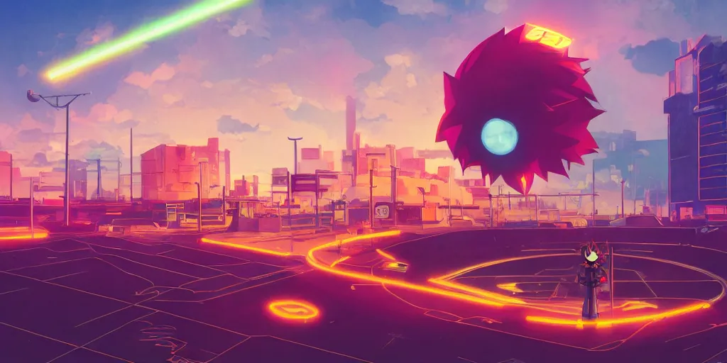 Prompt: Shadow the Hedgehog, Portrait, Very Cloudy Sky, Sun, Neon Lights, Subject in Middle, Subject in center, Rule of Thirds, Retrofuturism, Studio Ghibli, Simon Stålenhag