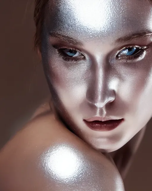 Prompt: a beautiful woman with model looks, covered in shiny reflective chrome mercury liquid