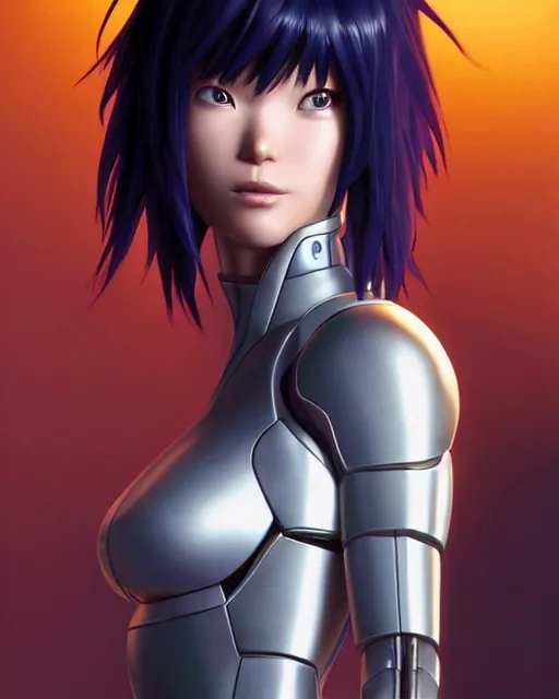 Image similar to weta disney pixar movie still portrait photo of motoko kusanagi the major ghost in the shell : : as cyborg woman by pixar : : by weta, wlop, ilya kuvshinov, rossdraws, artgerm, maxim cover, octane render, anime, octane render, 3 d, volumetric lighting, anti aliasing, raytracing : :