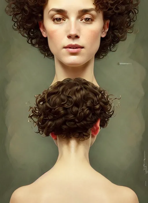 Image similar to symmetry!! portrait of a woman with short curly hair, round face, cottagecore!!, nature, intricate, elegant, highly detailed, digital painting, artstation, concept art, smooth, sharp focus, illustration, art by artgerm and greg rutkowski and alphonse mucha