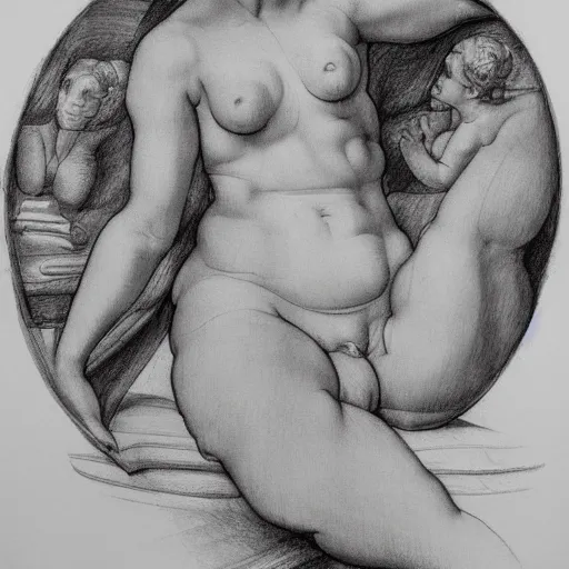 Prompt: of pencil sketches on paper of the female form by michelangelo