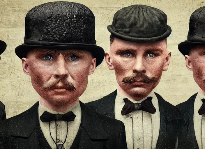 Prompt: peaky blinders crew made out of shrimp, poster, matte painting, 3 - d highly detailed, in the style of mark ryden,