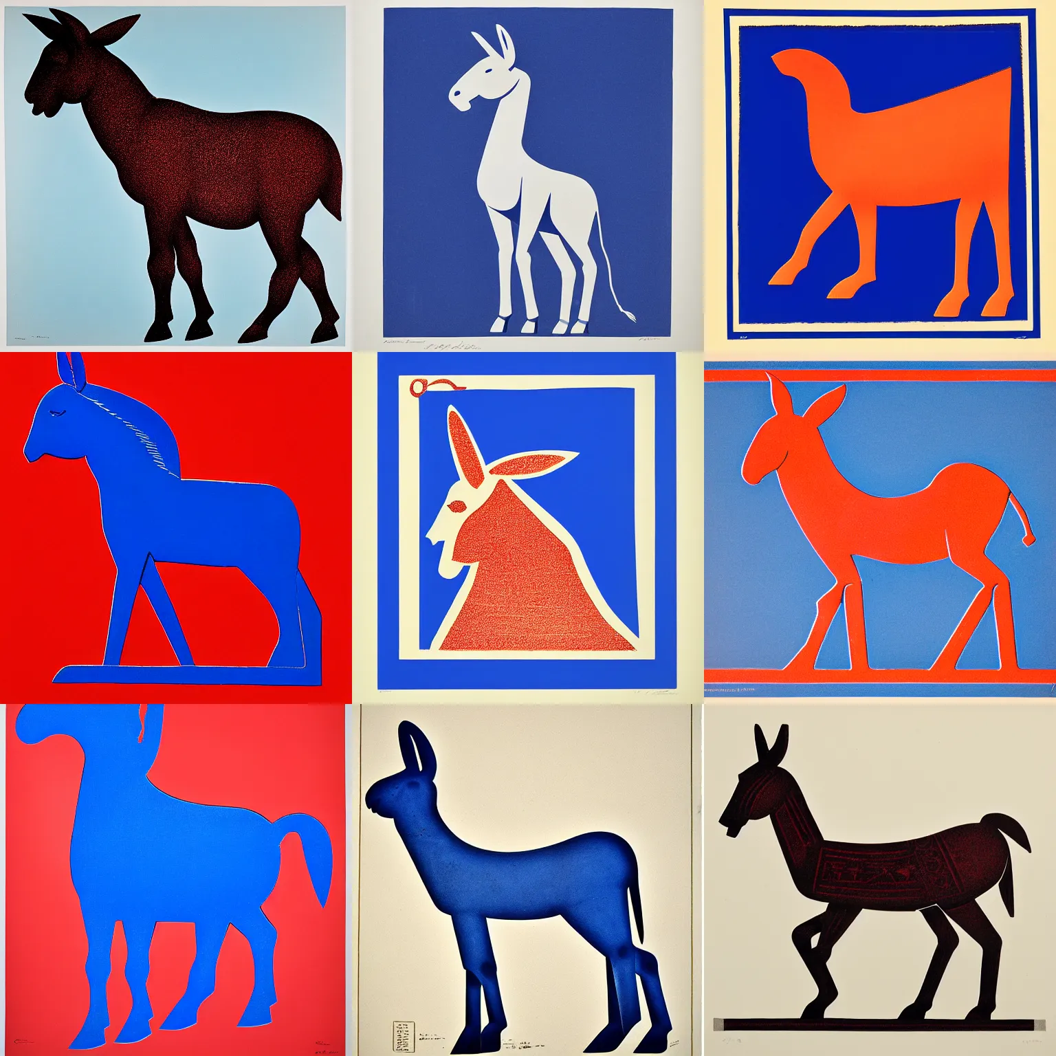 Prompt: lithograph of donkey!! cycladic sculpture, simplified, silhouette, full body, solid colors, block print, iconic, side view, centered, white background, ultramarine blue and red iron oxide