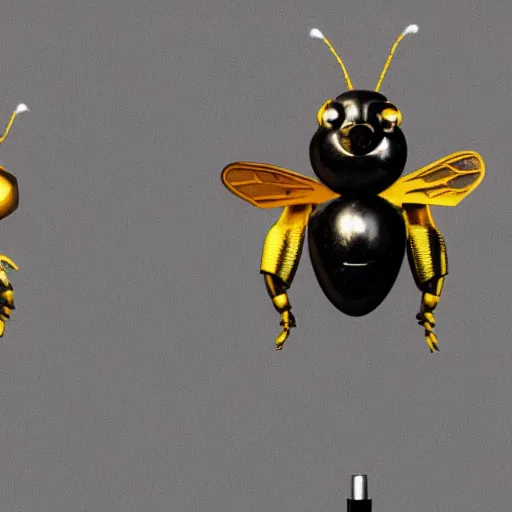 Image similar to portrait of two 3d bees made of metal, shiny, singing onstage into one microphone like Paul McCartney and George Harrison