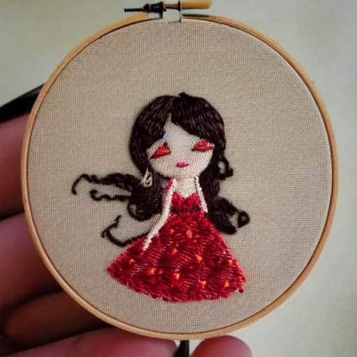 Image similar to a tiny beautiful handmade embroidery of a little girl with brown curly hair. hand embroidery.