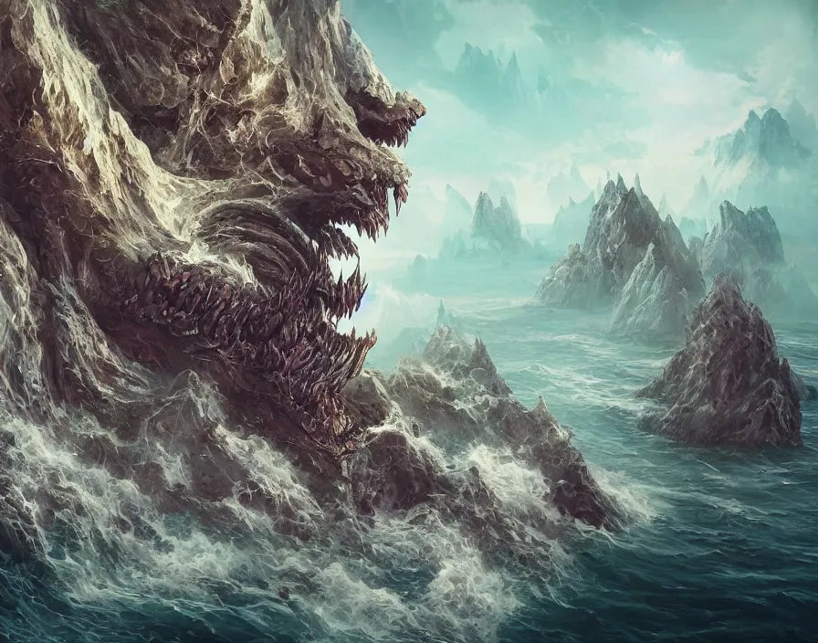 Prompt: fantasy painting of a monster skull on the edge of a cliff overseeing a vast ocean, complex, detailed, intricate abstract. delicate artwork. by Tooth Wu, wlop, beeple, dan mumford. octane render, trending on artstation, greg rutkowski very coherent symmetrical artwork. cinematic, hyper realism, high detail, octane render, 8k, depth of field, bokeh. chrome accents.