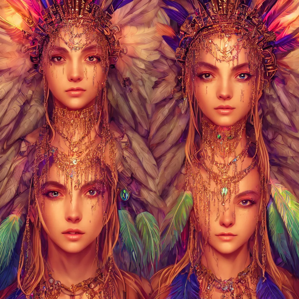 Image similar to portrait highly detailed beautiful symmetrical face high priestess intricate elegant detailed crystal jewellery with tribal feathers, lush colourful volumetric lighting, anime digital painting, concept art, smooth, sharp focus 3 d, divine realm of gods, realistic cinematic style, octane render, photographic, unreal engine 8 k