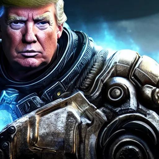 Image similar to Photo portrait of Donald Trump as God-Emperor in Gears of War, splash art, movie still, detailed face, photorealistic facial features, cinematic lighting, dramatic, octane render, long lens, shallow depth of field, bokeh, anamorphic lens flare, 8k, hyper detailed, 35mm film grain