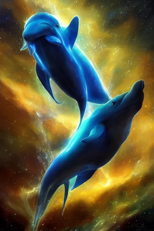 Prompt: Ethereal blue fire dolphin dolphin flying through a nebula, Sirius star system, star dust, cosmic, magical, shiny, glow,cosmos, galaxies, stars, outer space, stunning, by andreas rocha and john howe, and Martin Johnson Heade, featured on artstation, featured on behance, golden ratio, ultrawide angle, hyper detailed, photorealistic, epic composition, wide angle, f32, well composed, UE5, 8k