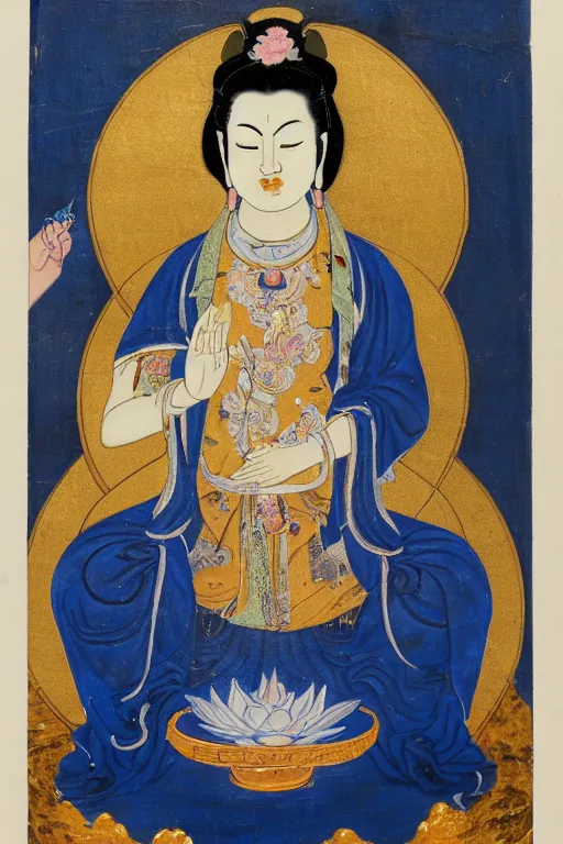 Prompt: A portrait of GUANYIN, painting is done in a rich, deep blue color, with Guanyin depicted in center, surrounded by a halo of light. Guanyin is shown seated on a lotus flower, with a serene expression on her face. She is holding a vase of water in her left hand, and a willow branch in her right hand. Her right hand is raised in the mudra of compassion, surrounded by a border of clouds, center framing, soft focus, vertical portrait, natural lighting, f2, 50mm, hasselblad, film grain, portrait lighting, light leaks, by Mandy Jurgens, Viktoria Gavrilenko