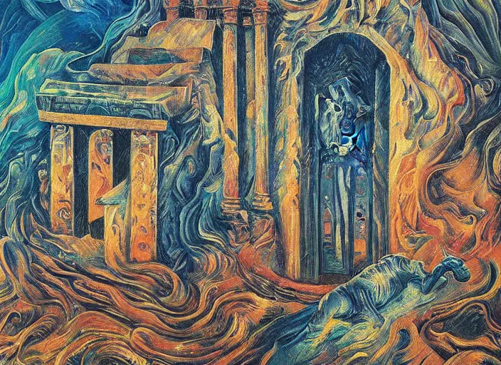 Image similar to “A surreal oil painting of an ancient temple guarded by lions, by Dan Mumford and Umberto Boccioni, open portals, realistic shading, complimentary colors, vivid colors, aesthetically pleasing composition, masterpiece, 4k, 8k, ultra realistic, super realistic”