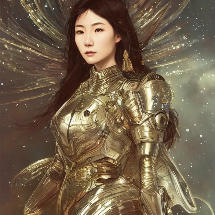 Image similar to ultra realistic illustration, japanese woman with armor made of stars, sci - fi, fantasy, intricate, elegant, highly detailed, digital painting, artstation, concept art, smooth, sharp focus, illustration, art by artgerm and alphonse mucha