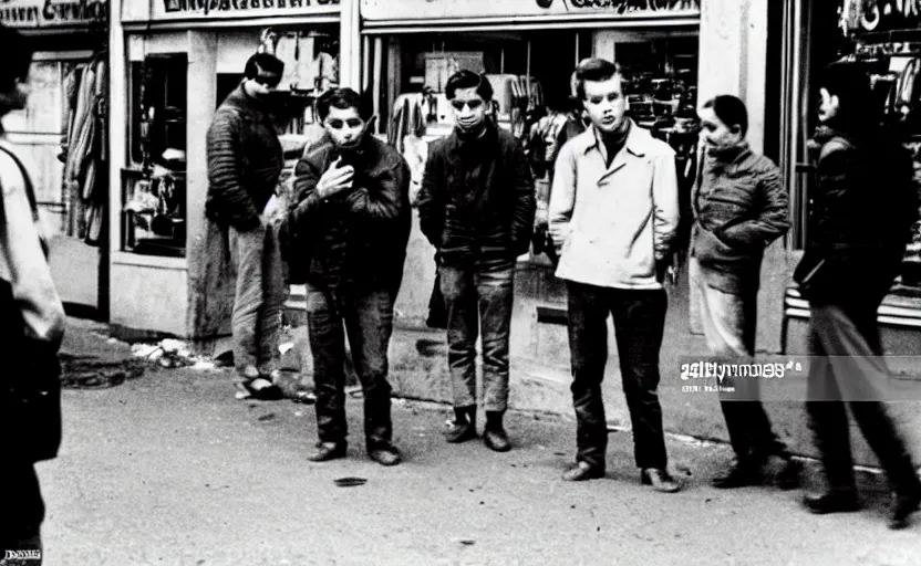 Image similar to ernst ludwig, a frightened young man in a street surrounded by people who have no eyes. people are watching crt televisions in every shop s 1 5 0