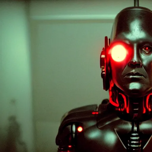 Image similar to movie still of a villain cyborg, facial expression, cinematic composition, cinematic light, surreal cinema, by edgar wright and david lynch,