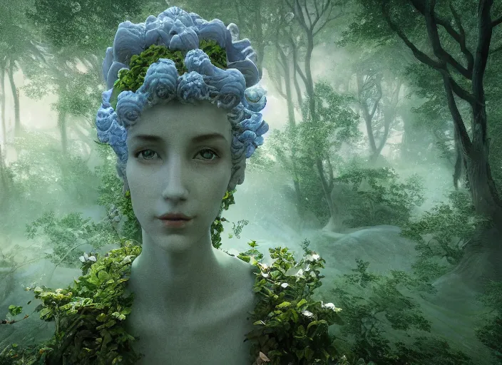 Image similar to an idealistic marble statue with fractal flowery hair and fair porcelain face and green eyes, in a magical forest, painted by, mc escher, gordon onslow ford, georgia o'keeffe and ivan aivazovsky, cinematic light, god rays, colourful, unreal engine, zbrush central,