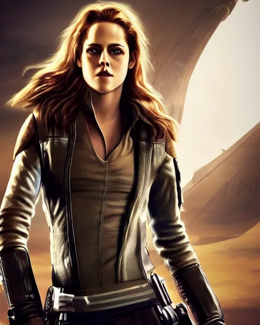 Image similar to kristen stewart ( from twilight ) portraying a beautiful jaina solo from star wars legends, beautiful kristen stewart jaina solo as a rogue squadron pilot, without lightsaber, movie, hyper realistic, hollywood promotional image, imax, 8 k