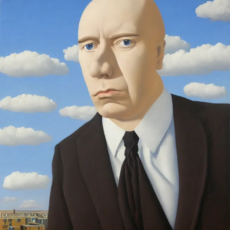 Image similar to portrait of a faceless shadow - head man in a suit, clouds in the background, by rene magritte, detailed painting, distance, middle centered, hd, hq, high resolution, high detail, 4 k, 8 k