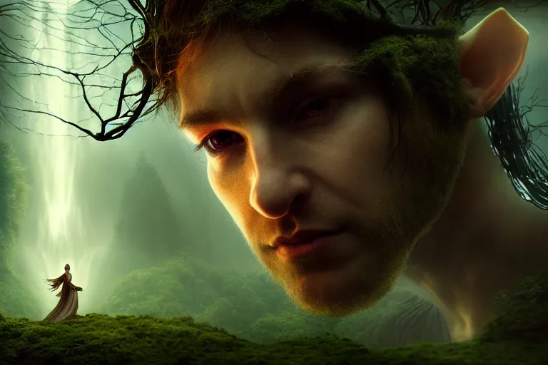 Image similar to an ultra realistic, cinematic, fantasy, headshot portrait, of an elden ring elf, fairy lights, facial features, background of a vast serene landscape, with trees and waterfalls, detailed, deep focus, movie still, dramatic lighting, ray tracing, by michal karcz and yoshitaka amano