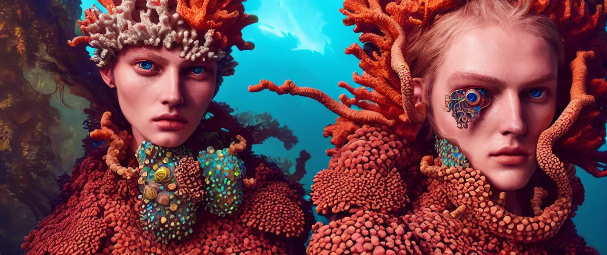 Prompt: hyperrealist highly detailed english medieval portrait of high fashion monster wearing reef armor, radiating atomic neon corals, concept art pascal blanche dramatic studio lighting 8k wide angle shallow depth of field