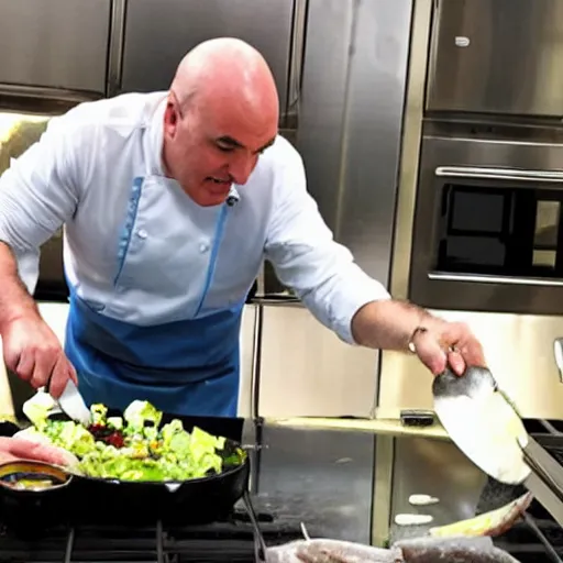 Prompt: Cook Chief Kevin O'Leary cooking a greek salad, in Shark Tank (2016)