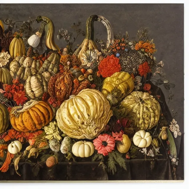 Image similar to victorian thanksgiving feast, flowers and gourds, black background, still life by giuseppe arcimboldo, vanitas, intricate high detail masterpiece